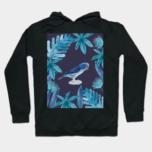 Blue Pacific Parrotlet with tropical leaves and an indigo background Hoodie